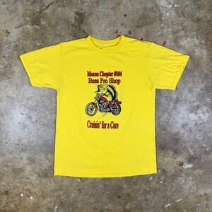 Vtg Bass Pro Shop Cruisin' for a Cure Men's M Yellow Graphic Motorcycle Tee Y2K‎